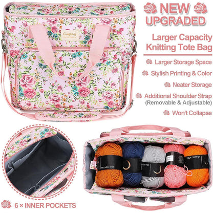 Große Stricktasche für Wolle und Häkelzubehör, Pinke Blumen L