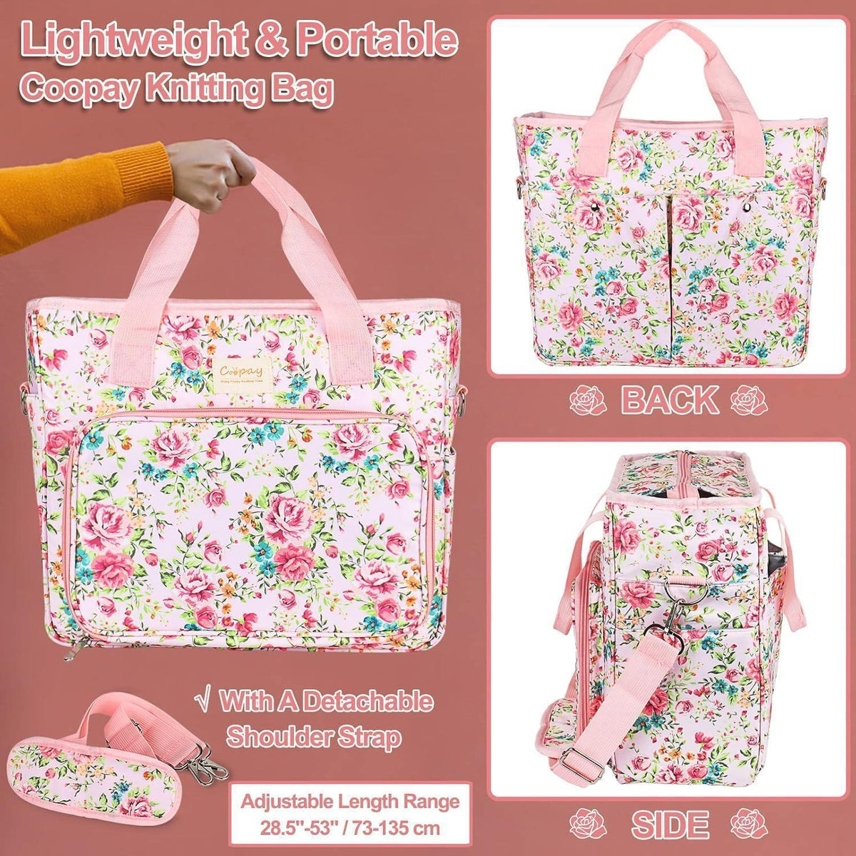 Große Stricktasche für Wolle und Häkelzubehör, Pinke Blumen L
