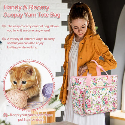 Große Stricktasche für Wolle und Häkelzubehör, Pinke Blumen L