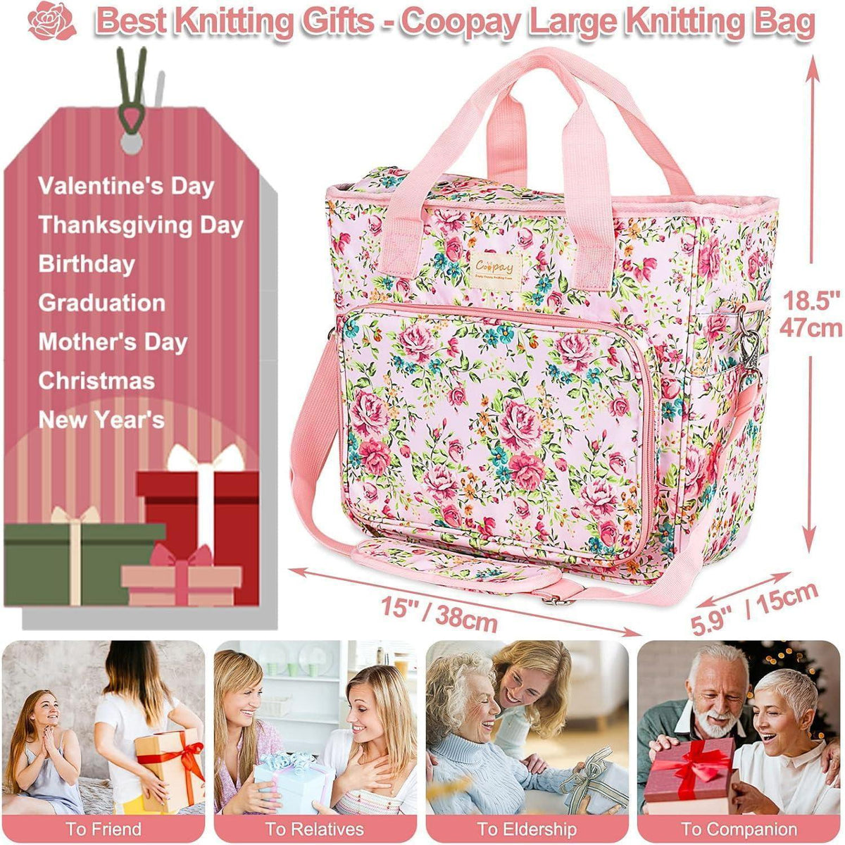 Große Stricktasche für Wolle und Häkelzubehör, Pinke Blumen L