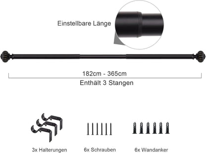 Ausziehbare Schwarz Metall Gardinenstange 182-365 cm Blütenstruktur
