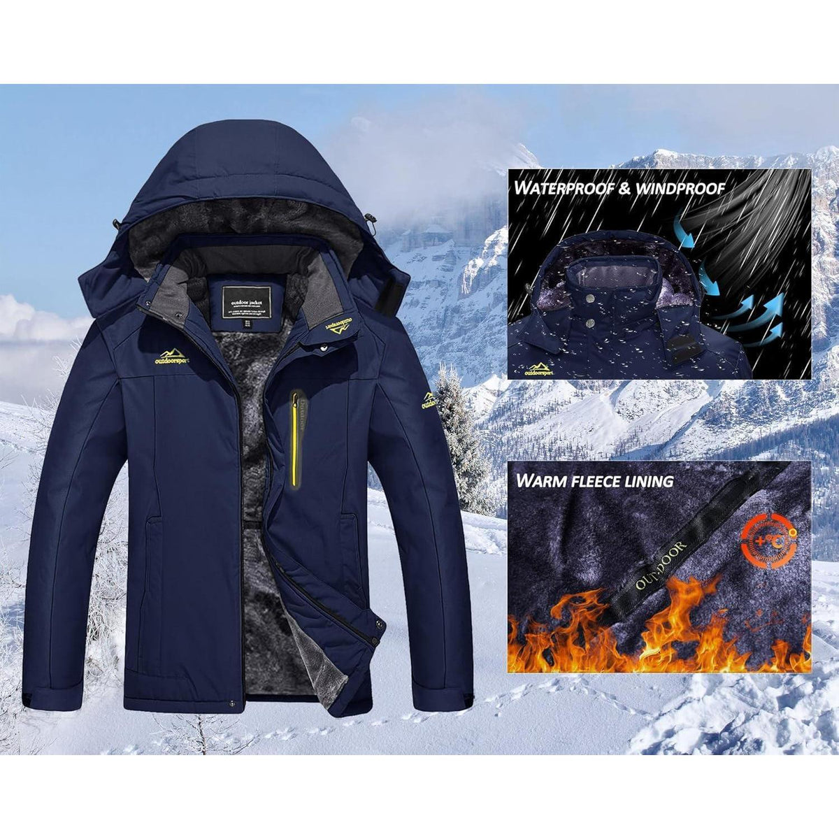 Herren Winterjacke Wasserdicht Warm Gefüttert Skijacke Dunkelblau