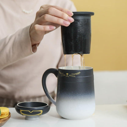 TEANAGOO Katzen Teetasse mit Sieb und Deckel 460 ML Schwarz Weiß Keramik-Set
