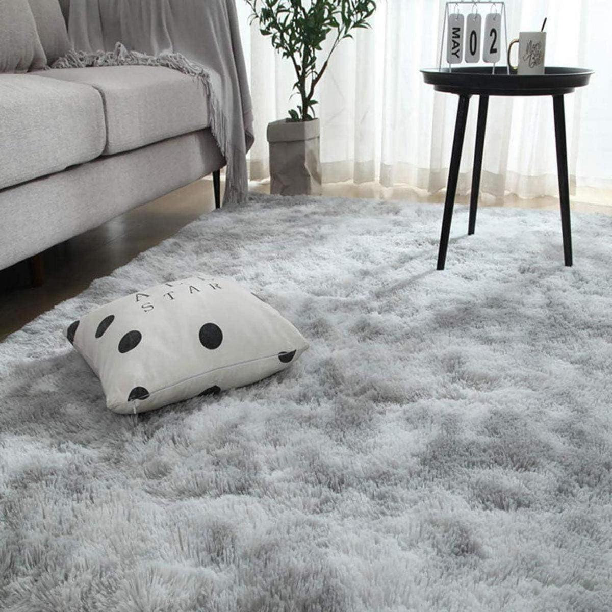 Flauschiger Teppich Rund Modern Hochflor Rutschfest Grau Weiß 200x200cm