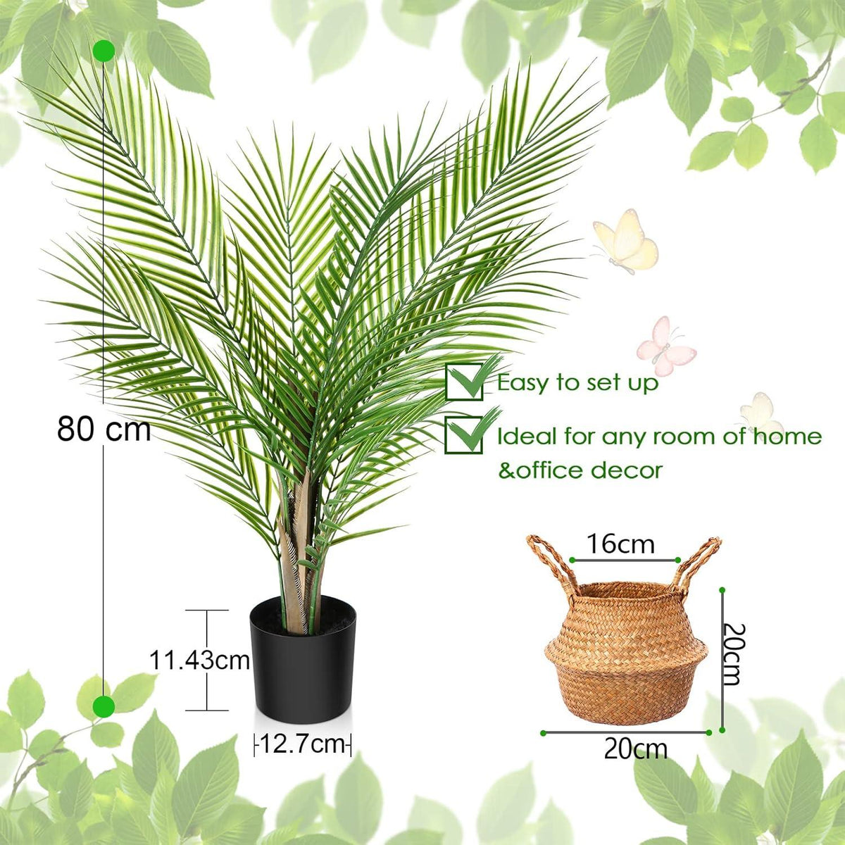 Kunstpflanze Areca Palme 80cm Künstliche Pflanze Fake im Topf Plastik