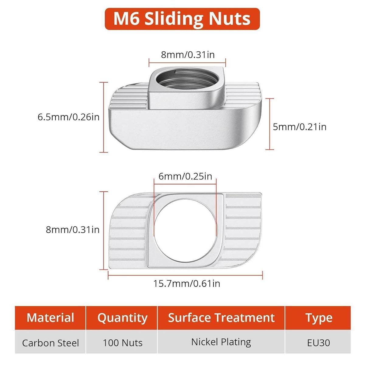 Nutensteine M6 für 30er Aluminiumprofile, 100 Stück