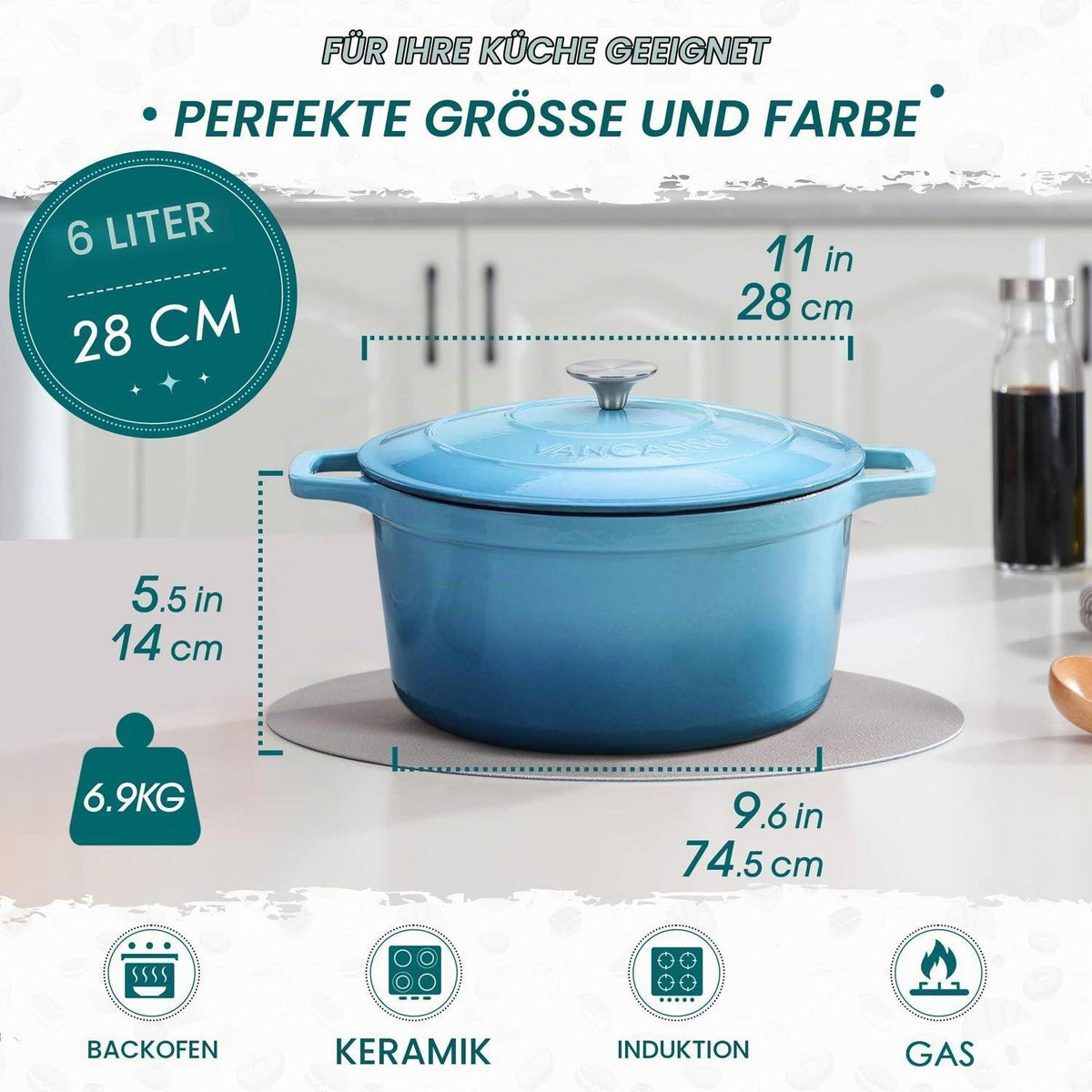 Gusseiserner Bräter 6L mit Deckel, Blau Emaille Topf