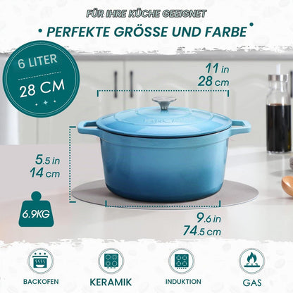 Gusseiserner Bräter 6L mit Deckel, Blau Emaille Topf