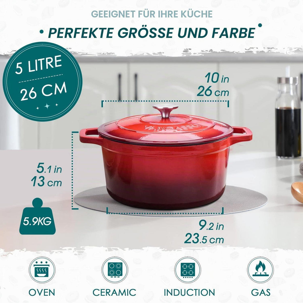 Gusseiserner Brottopf Rot, 5L - Emaillierte Backform