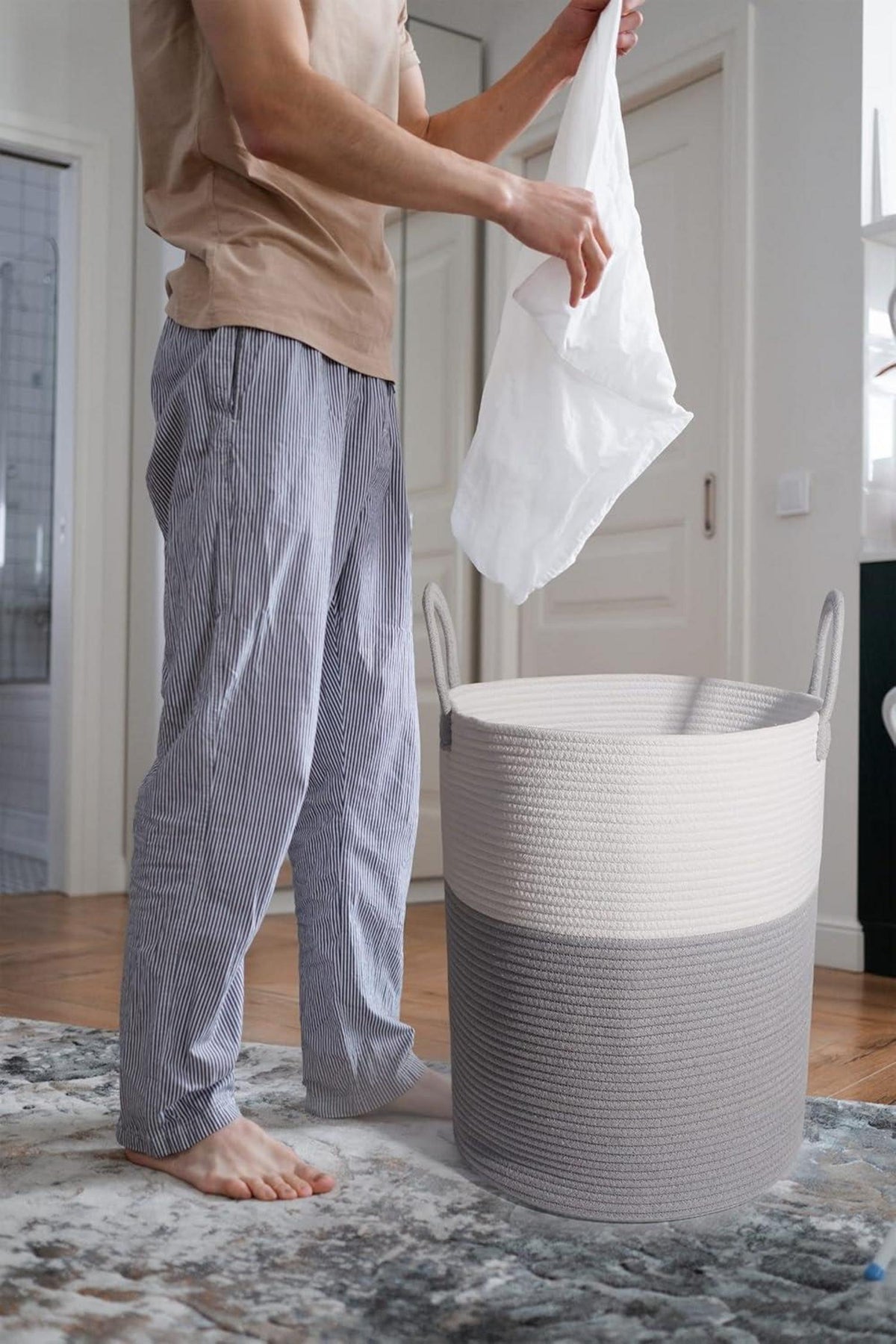 Wäschekorb mit Henkel Geflochten Groß Aufbewahrung Grau 58L 38 x 50 cm