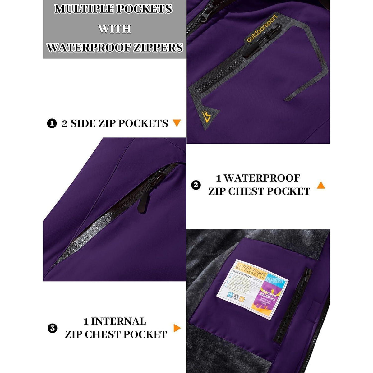 Damen Winterjacke Wasserdicht Winddicht mit Fleece Dunkelviolett