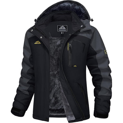 Damen Winterjacke mit Fleece, wasserdicht, abnehmbarer Hut, Schwarz/Grau