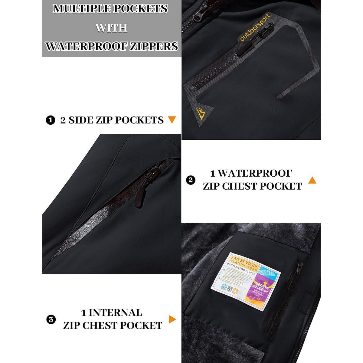 Damen Winterjacke mit Fleece, wasserdicht, abnehmbarer Hut, Schwarz/Grau
