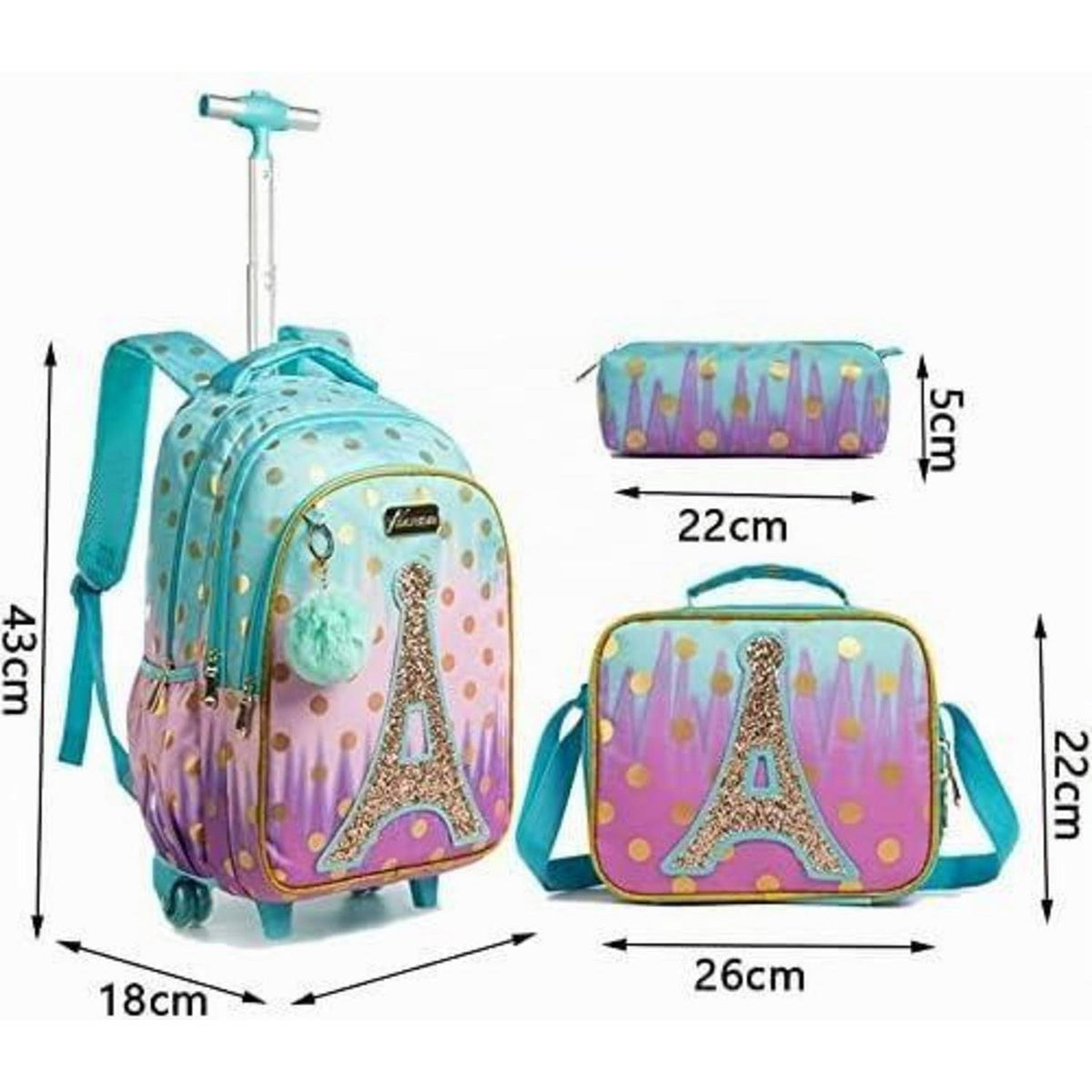Schultrolley für Mädchen mit Rollen & Federmäppchen