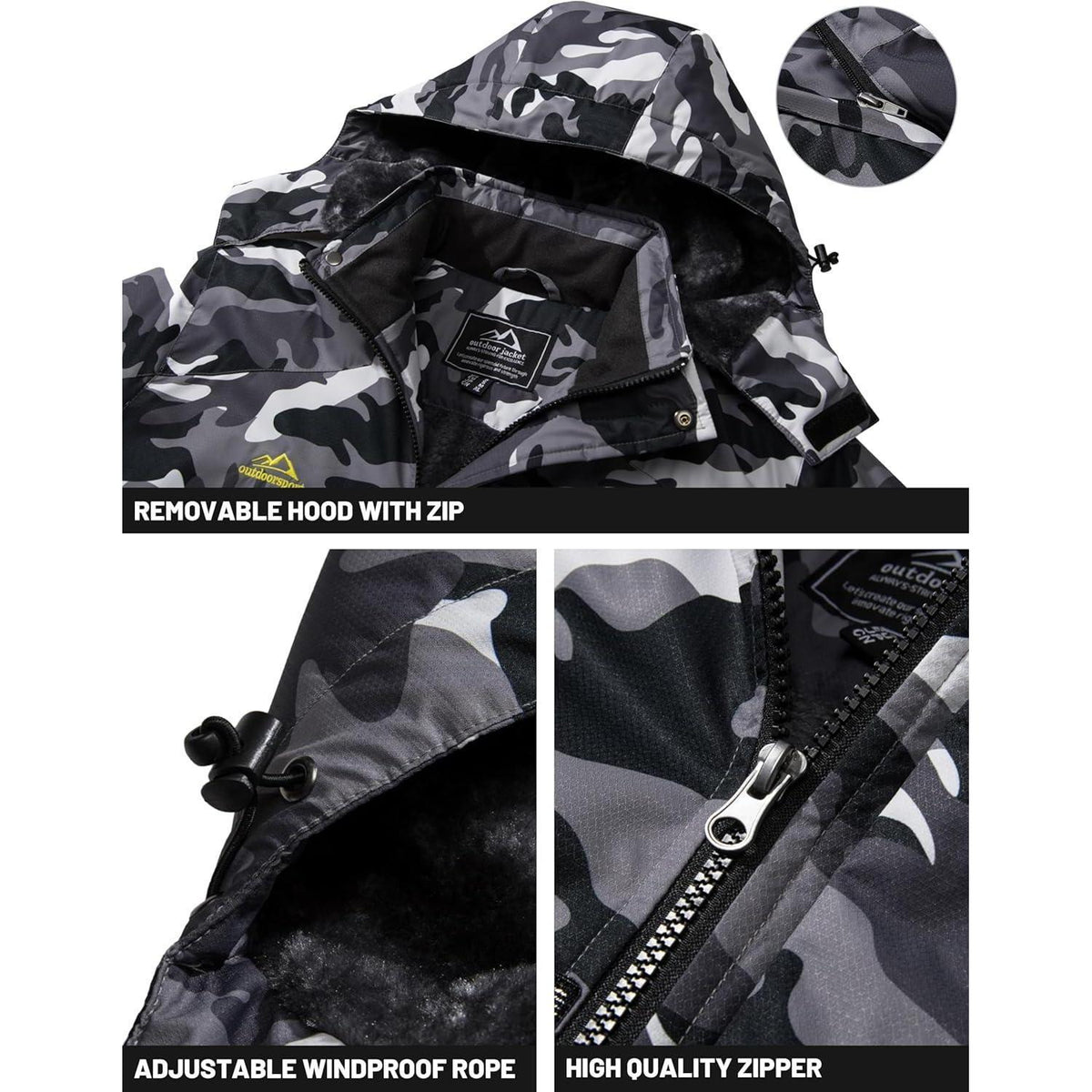 Herren Winterjacke wasserdicht warm gefüttert mit Kapuze L Schwarz Camo