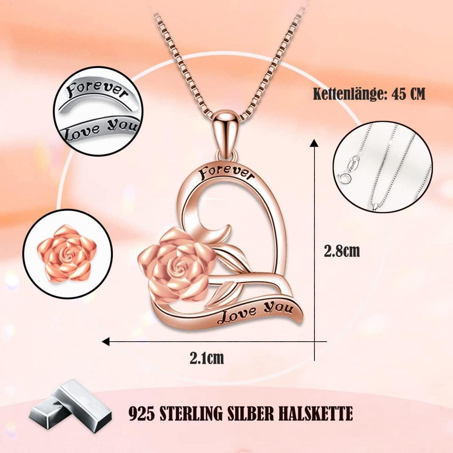 925 Sterling Silber Herzkette mit roségoldener Gravur - Silber