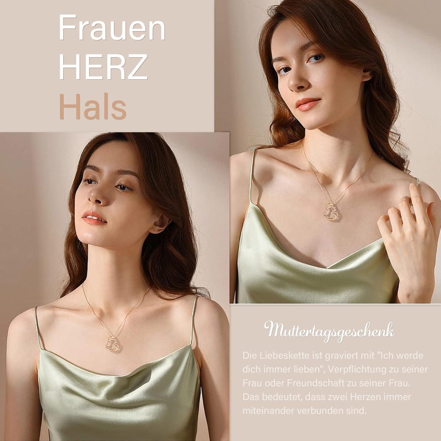 925 Sterling Silber Halskette Doppelherz in Roségold, Geschenk für