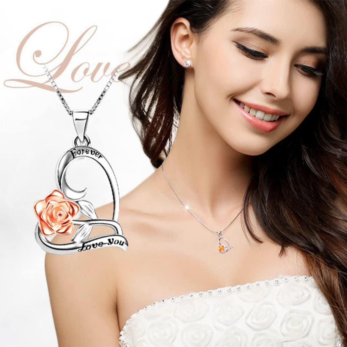 SWEETIME Damen-Herz-Rosen-Halskette 925 Sterlingsilber Geschenk