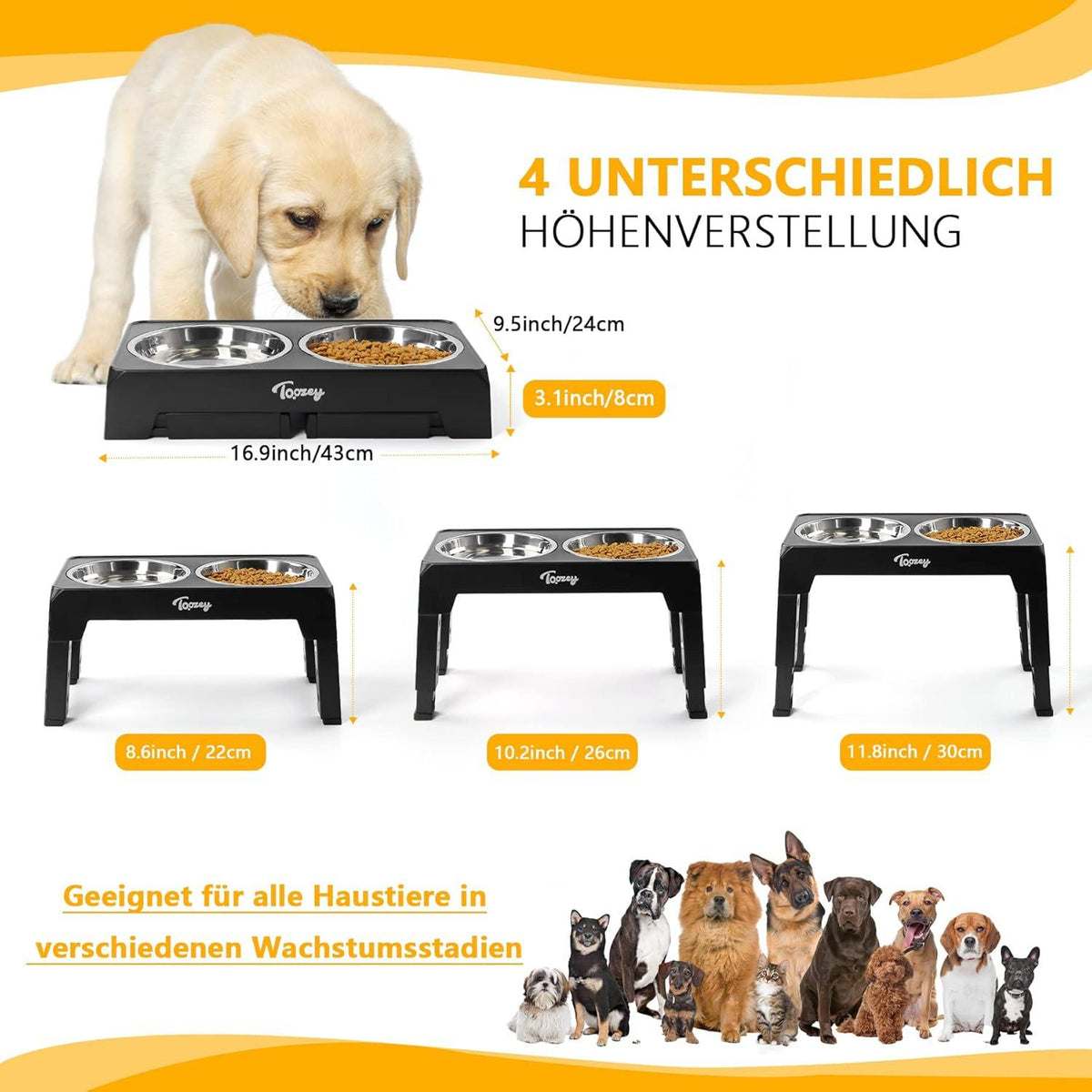 Toozey Futternapf höhenverstellbar mit 2 Edelstahl-Schüsseln