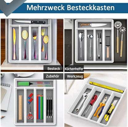 Besteckkasten Kunststoff Weiß Grau 5 Fächer 32,5x29x4,5cm