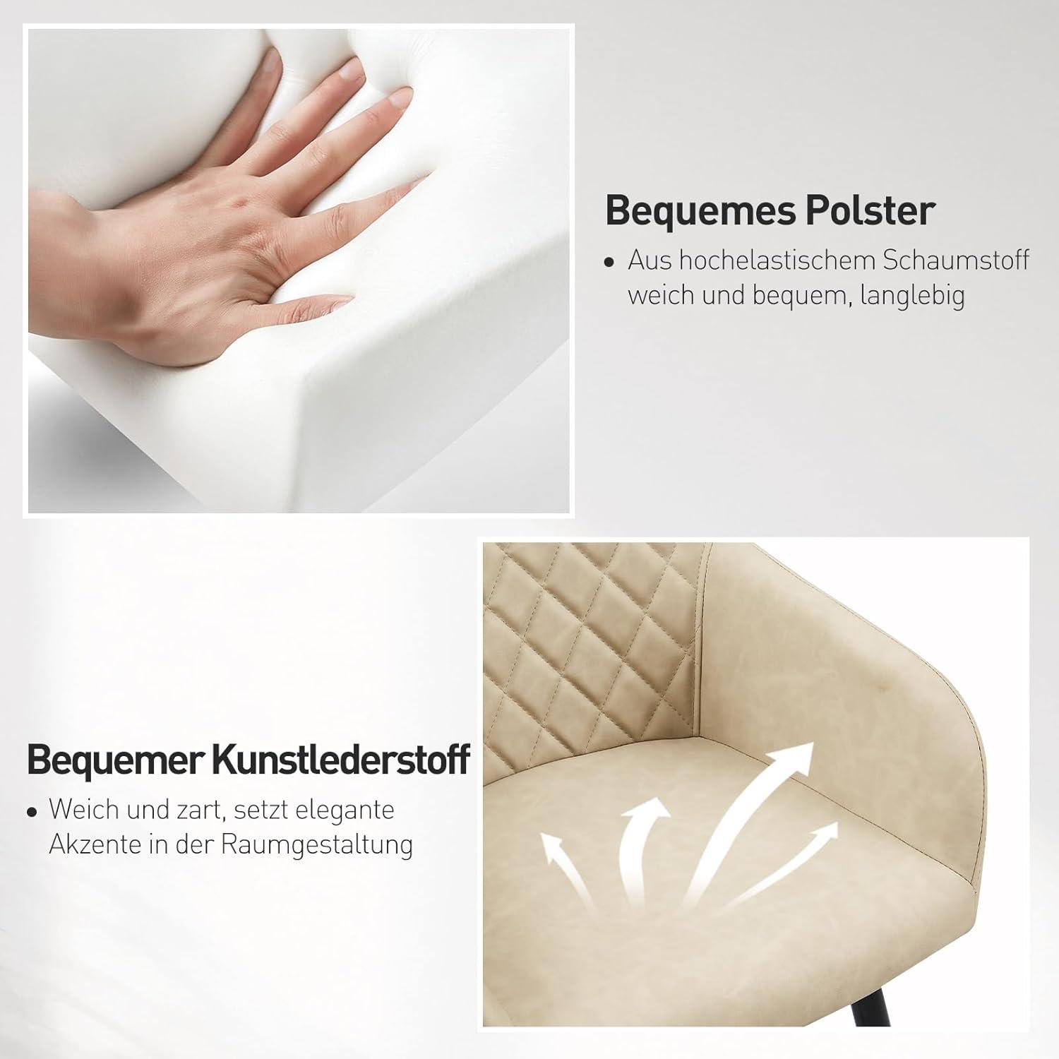 CLIPOP Esszimmerstühle 4er Set Kunstleder Bezug Armlehne Metallbeine Elfenbeige