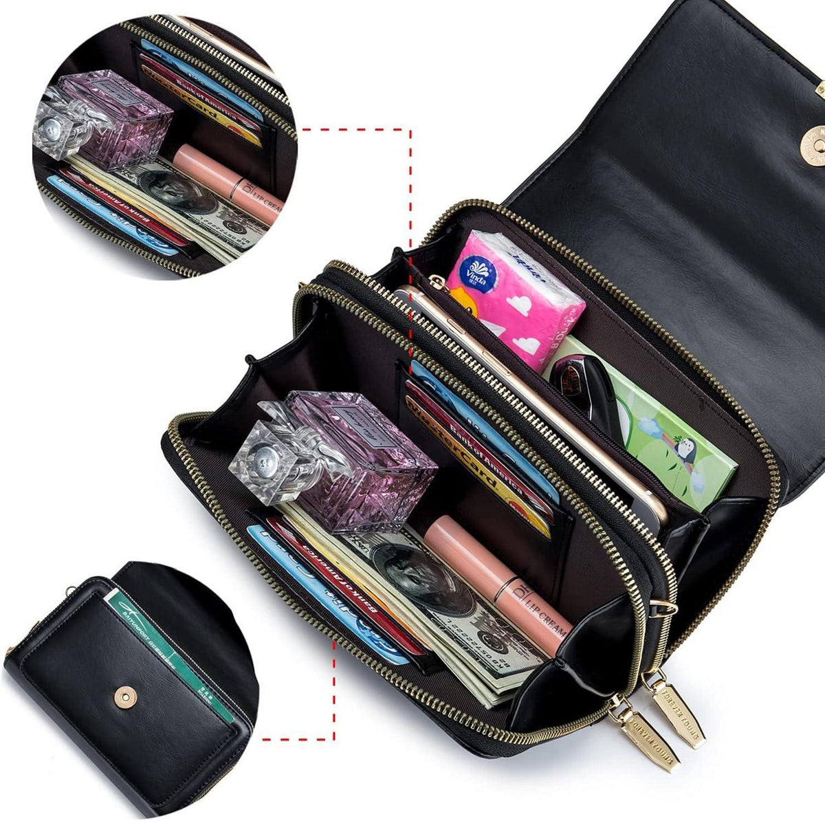 Kleine Damen Handytasche Umhängetasche Leder Crossbody Ölwachs Schwarz