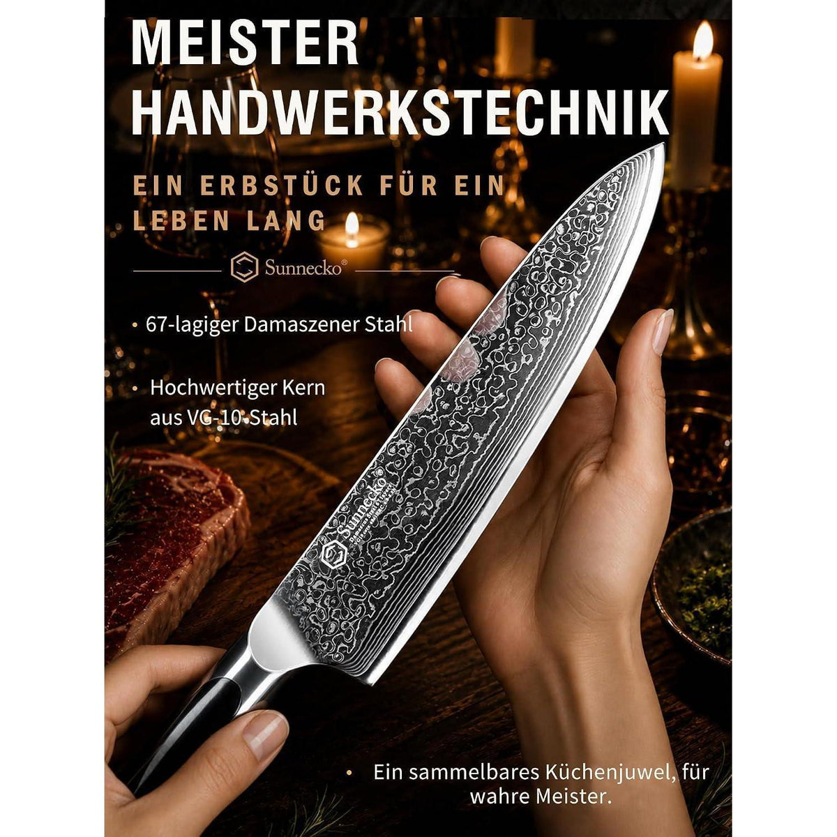 20cm Damast Kochmesser – Scharfes Küchenmesser mit Ergonomischem Griff