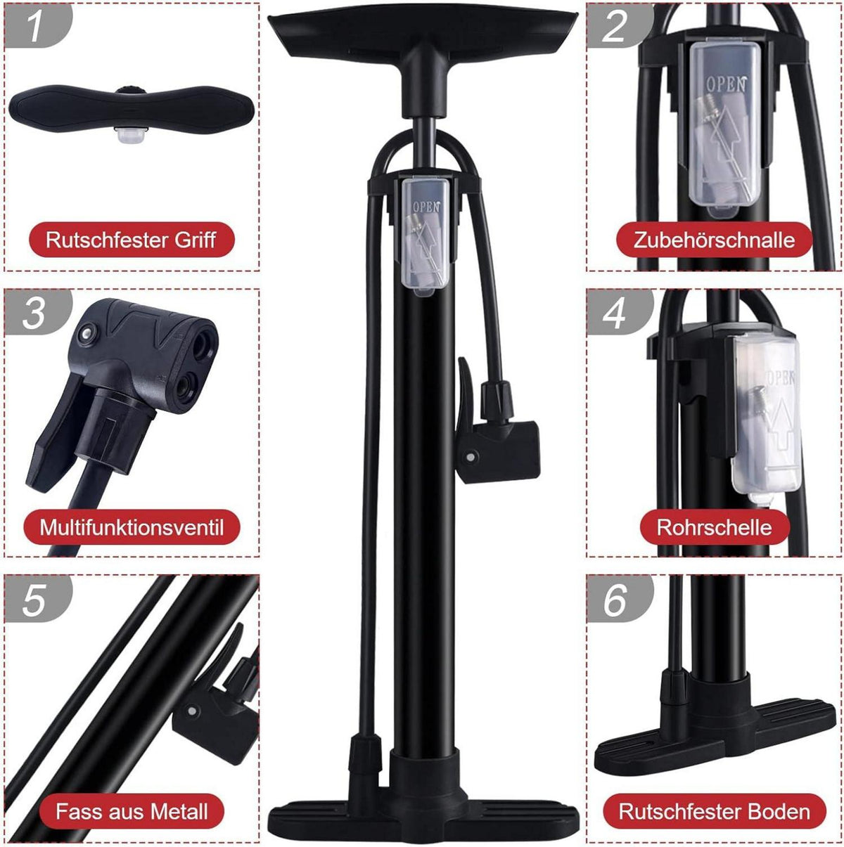 Standluftpumpe für Fahrrad Presta Schrader Ventile 160PSI Schwarz