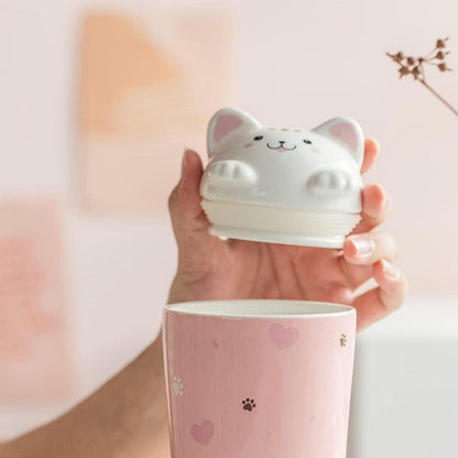 Katze Kaffeebecher Keramik 3D-Katzendeckel rosa 480ml
