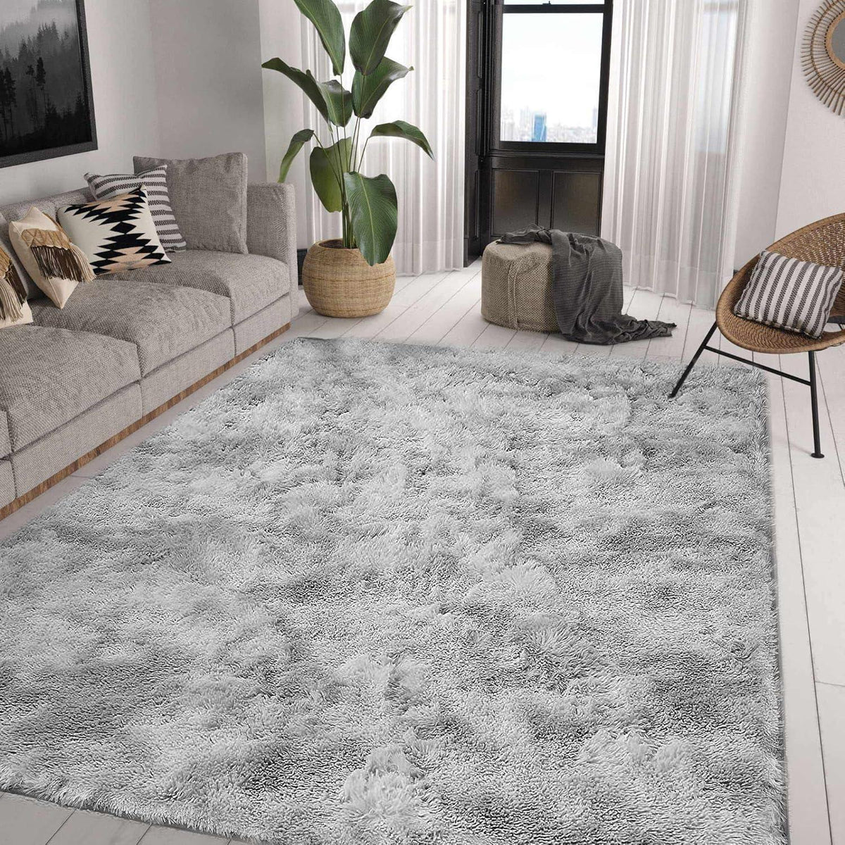 Hochflor Teppich Grau Weiß 200x250 cm Flauschig Weich