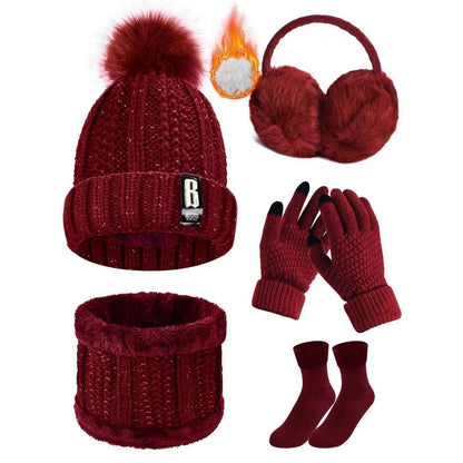 Mützen-Schal-Handschuh-Set Damen 5-teilig Weinrot