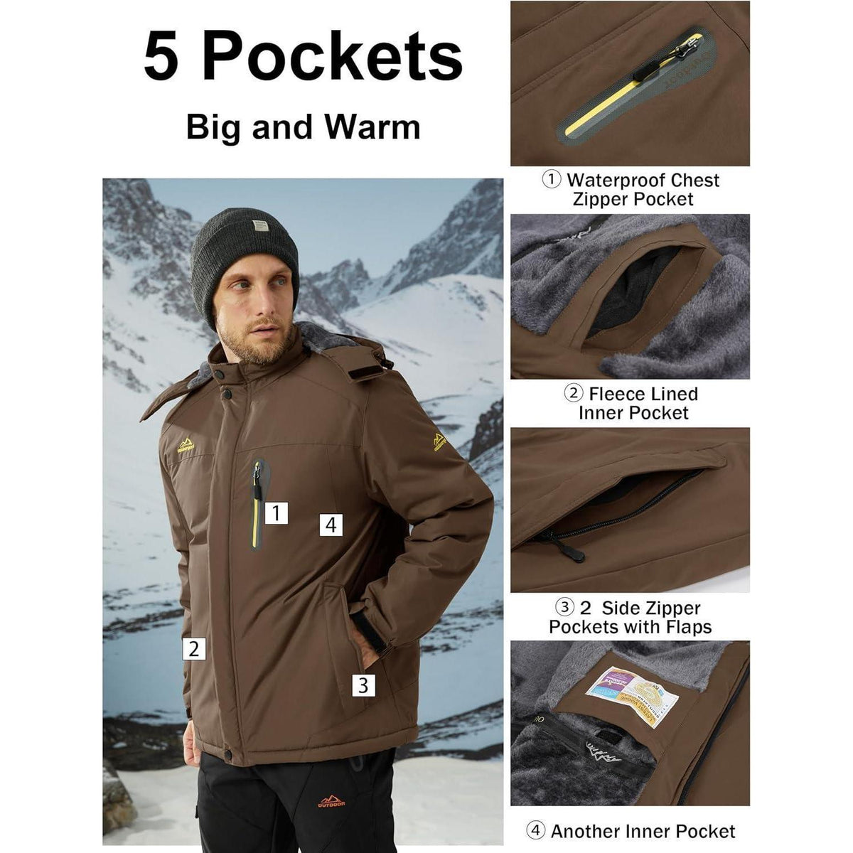 Herren Fleecejacke Winter Warm Gefüttert Winddicht Wasserdicht