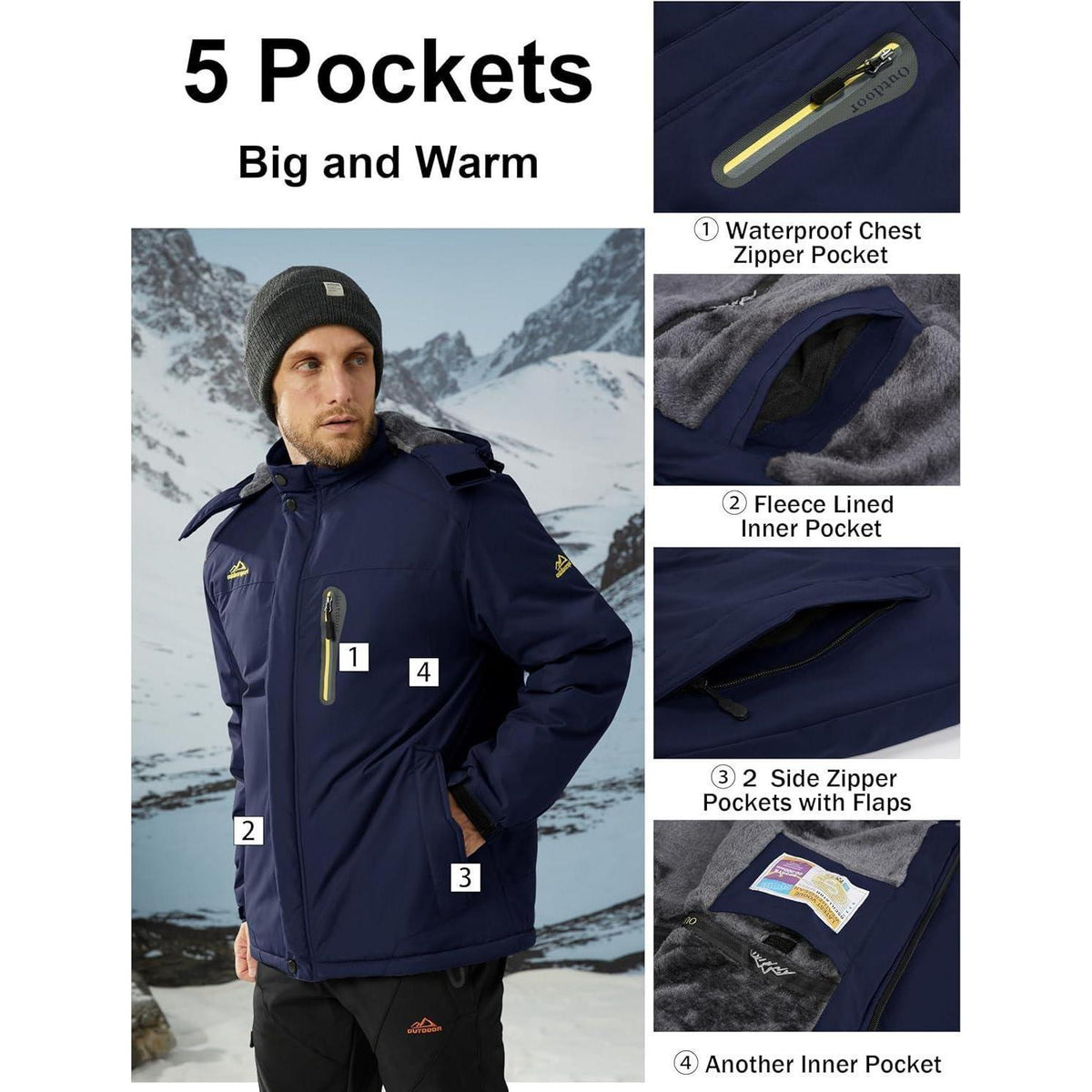 Herren Winterjacke Fleece warm winddicht wasserdicht abnehmbare Kapuze Dunkelblau L