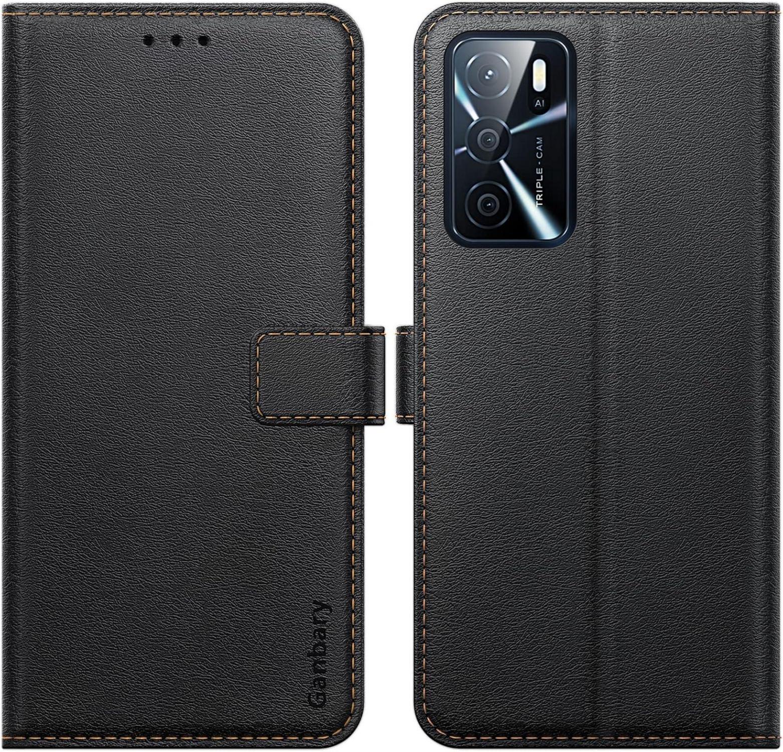 Ganbary Oppo A54s/A16/A16s Handyhülle Schwarz Leder Flipcase Standfunktion