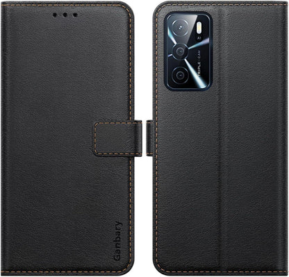 Ganbary Oppo A54s/A16/A16s Handyhülle Schwarz Leder Flipcase Standfunktion