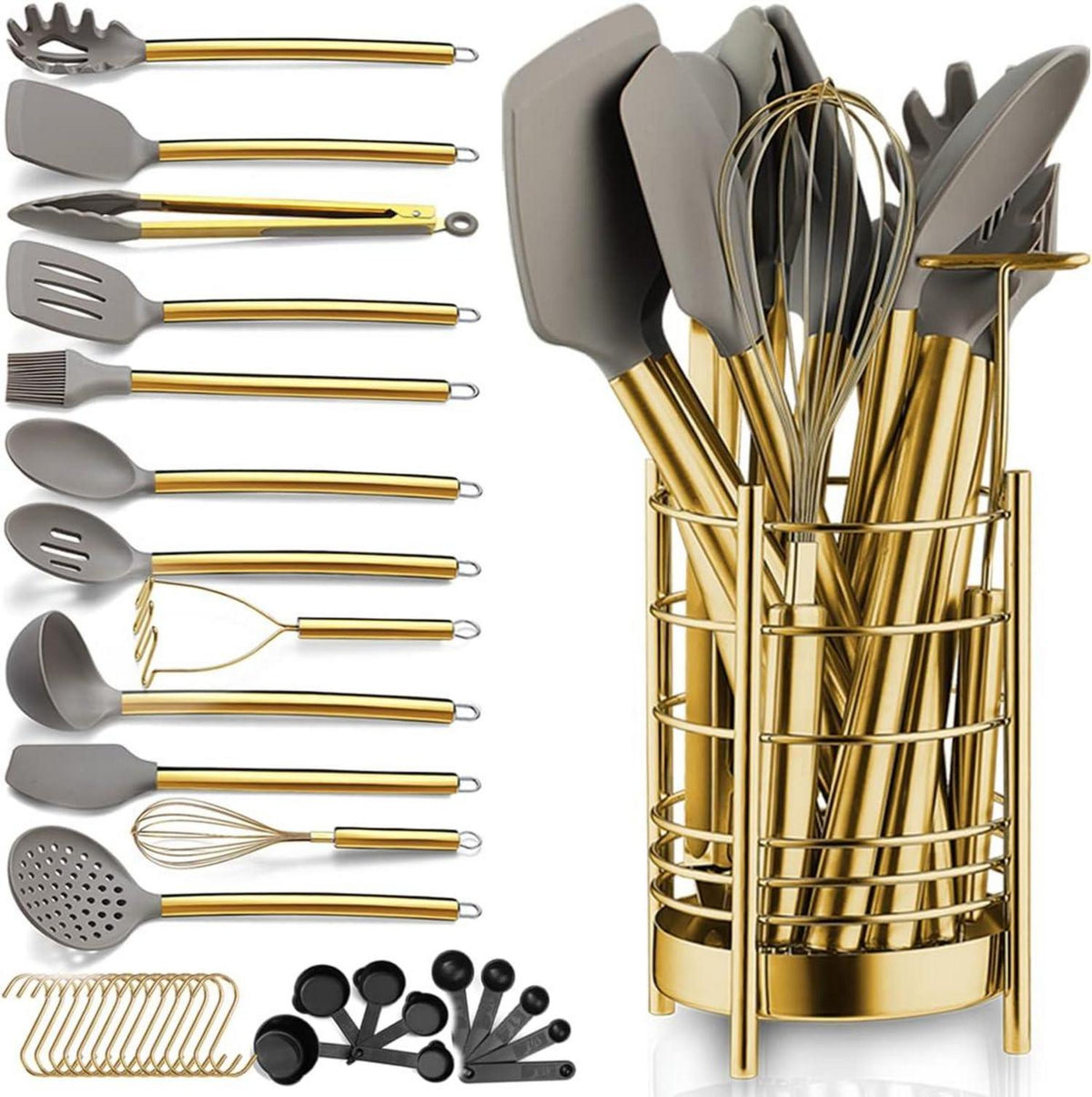 38-teiliges Gold Silikon Kochgeschirr Set mit Edelstahl