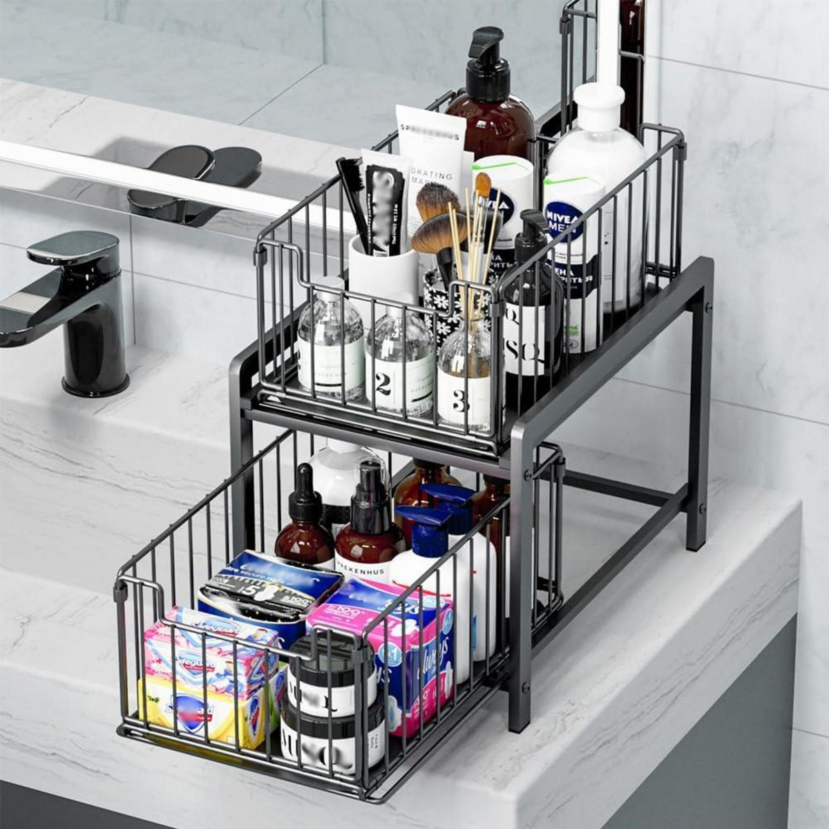 YunNasi Küchenregal mit Schublade und Körben Schwarz Stahl Organizer