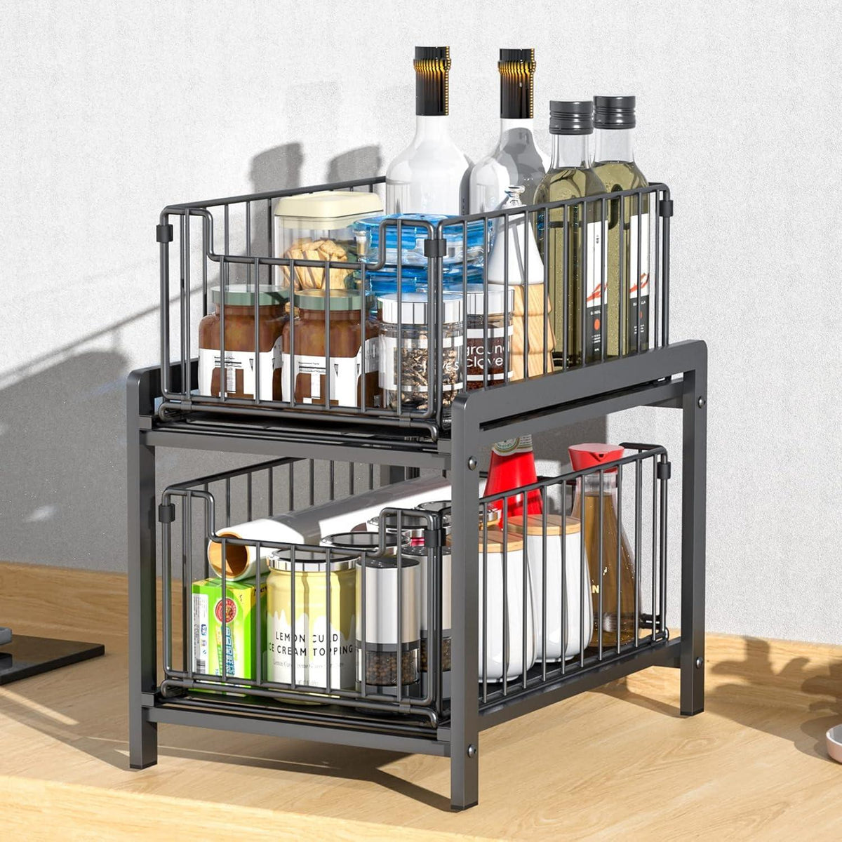 YunNasi Küchenregal mit Schublade und Körben Schwarz Stahl Organizer