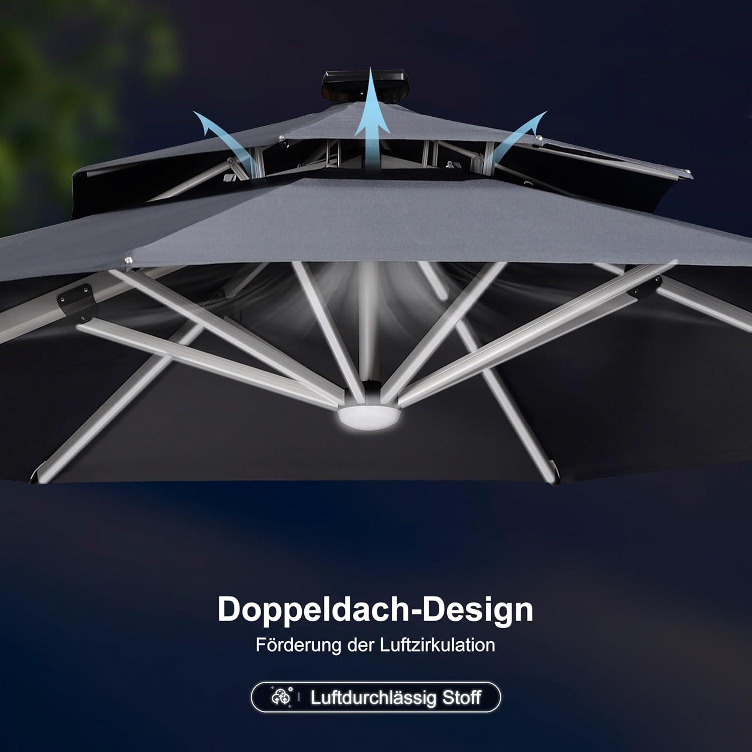 Großer Sonnenschirm 330 cm LED Solar Beleuchtung Ampelschirm