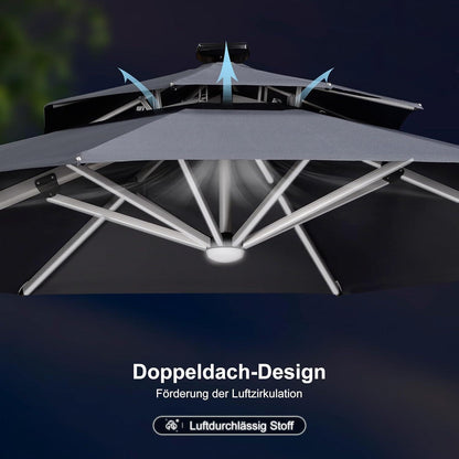 Großer Sonnenschirm 330 cm LED Solar Beleuchtung Ampelschirm