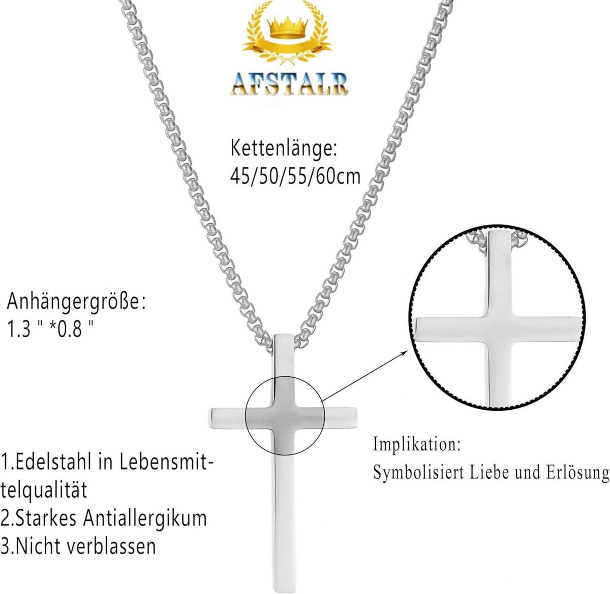 AFSTALR Kreuz Kette Herren Edelstahl Silber 45 cm Halskette Religion Schmuck
