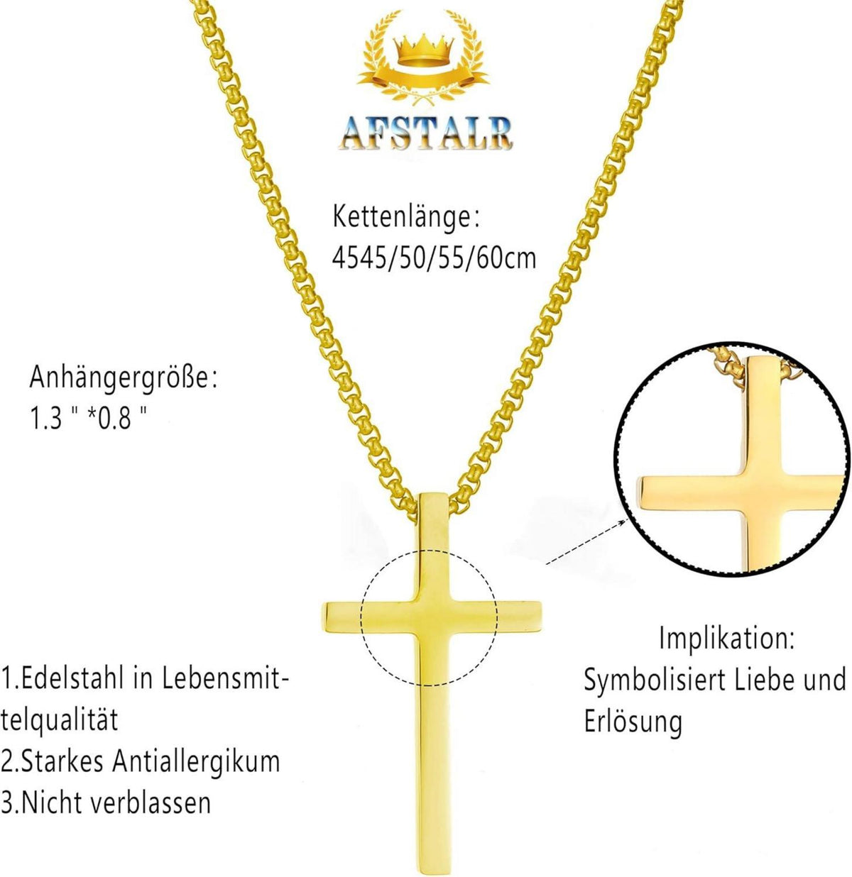 AFSTALR Gold Kreuz Kette Herren 316L Edelstahl Halskette Religiös Schmuck
