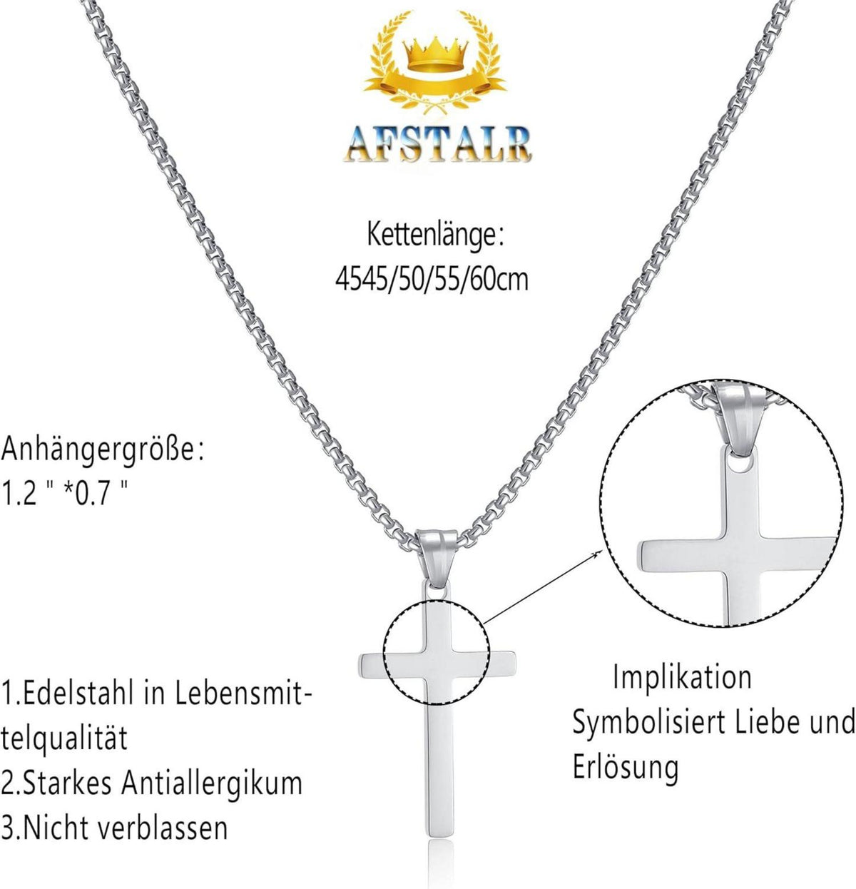 AFSTALR Kreuz Anhänger Kette Herren Silber 60cm Christentum Schmuck