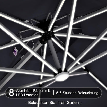 Sonnenschirm LED Beleuchtung Ampelschirm Ø 365 cm UV50+ Grau