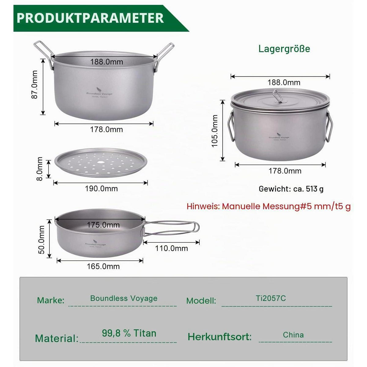 Titan Kochtopf Set – Leichtes Camping Kochgeschirr mit Deckel