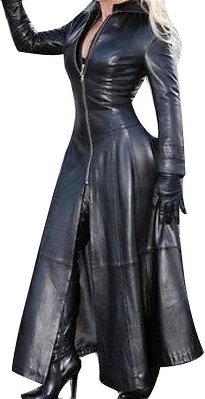 Damen PVC Leder Trenchcoat Jacke Reißverschluss Sexy Clubwear Langer