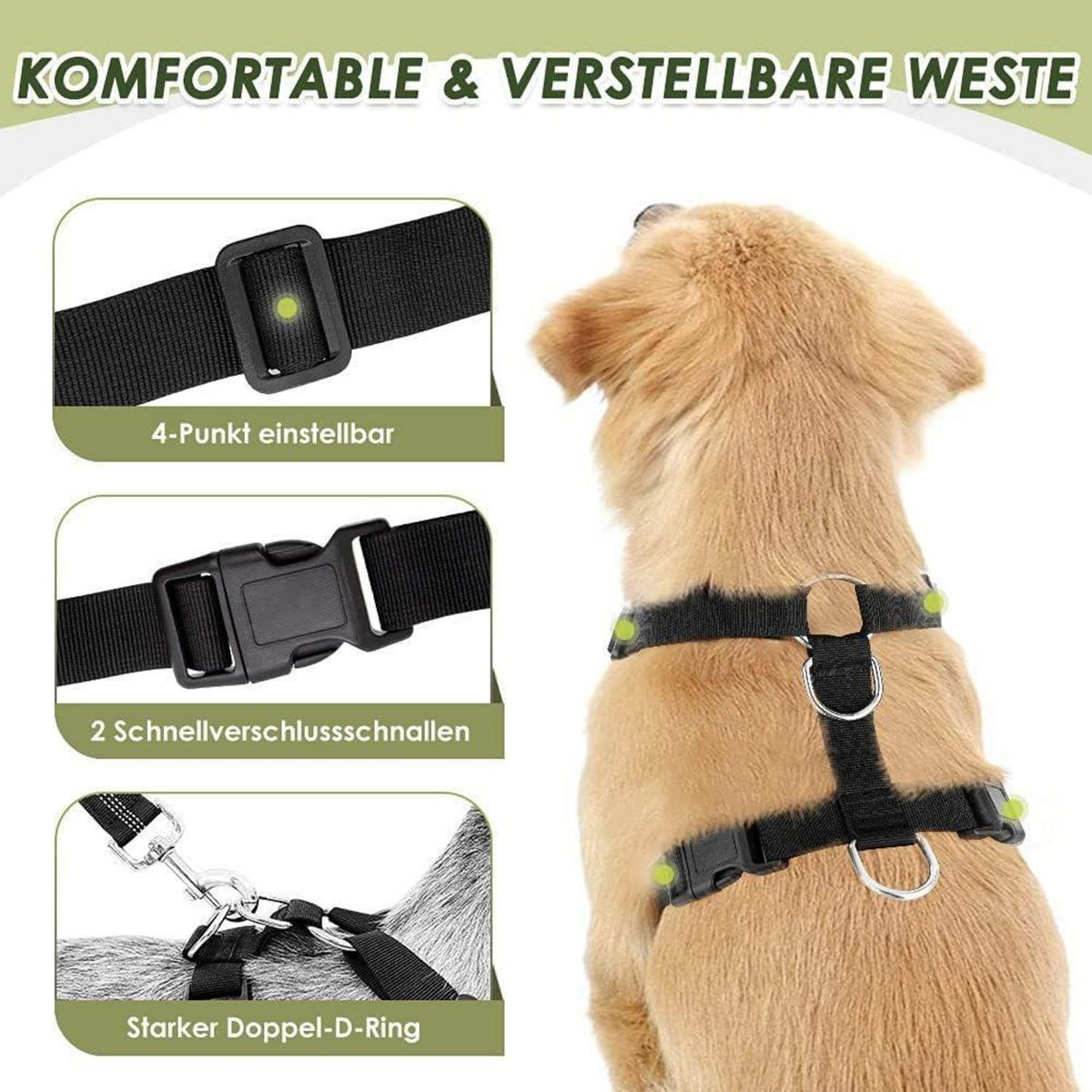 Hundegeschirr Auto Sicherheitsgurt Set – Atmungsaktiv, Rot, XS