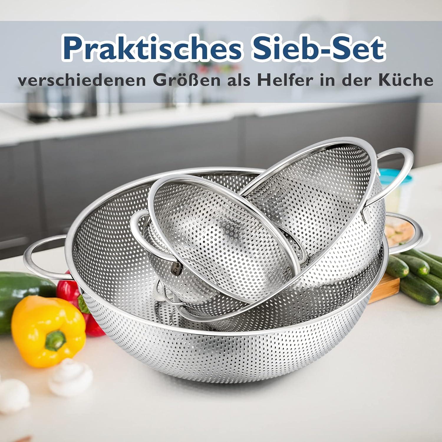 Edelstahl Küchensieb 3er-Set 16/22/28cm Spülmaschinenfest