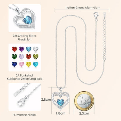 Herz Kette Damen 925 Sterling Silber mit Geburtsstein - März