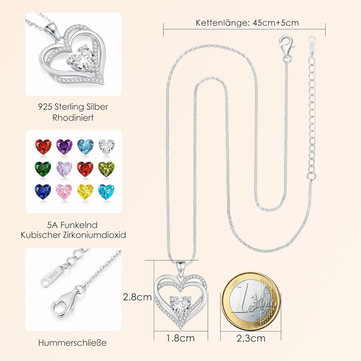 CDE Damen Herzkette 925 Sterling Silber Geburtsstein Halskette Mama Freundin Frau Valentinstag Muttertag